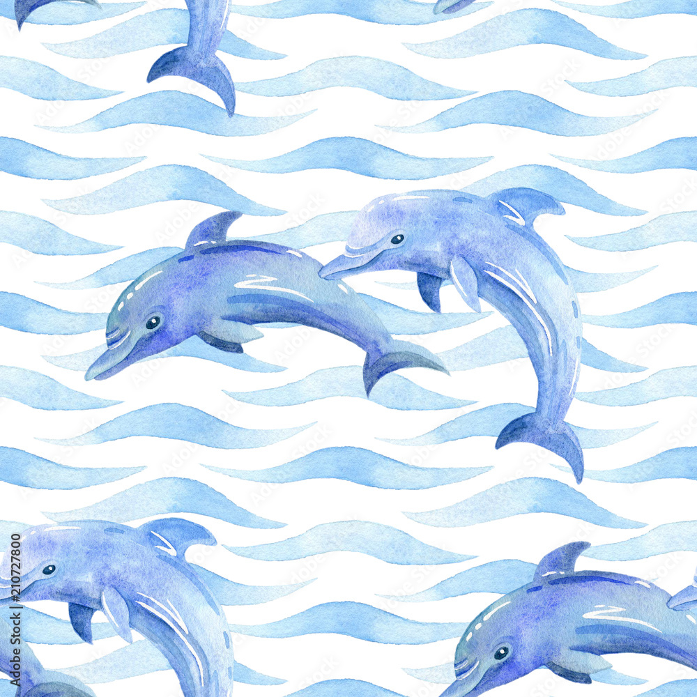 Naklejka premium Delfin akwarela rastrowy wzór
