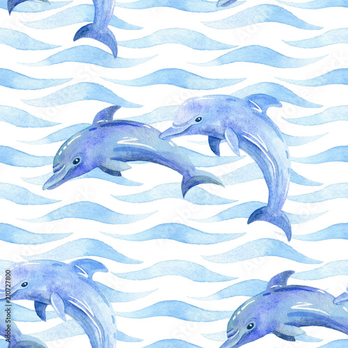 Dolphin watercolor raster seamless pattern