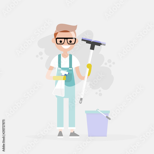 Cleaning service. Young character washing a window. Household chores. Cleanup. Flat editable vector illustration, clip art