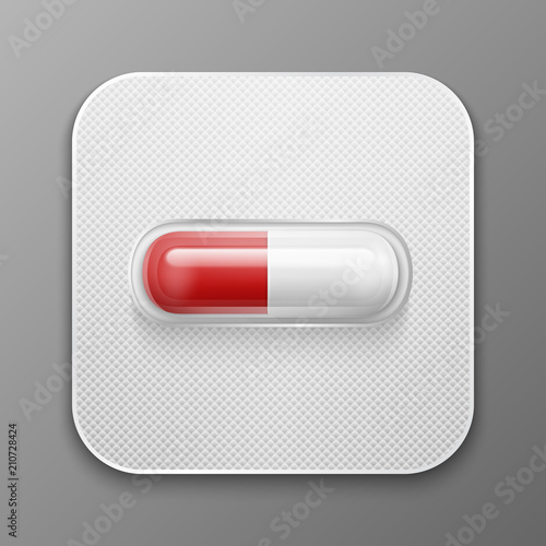 Vector realistic 3d white and red medical pill in pack icon closeup. Design template for graphics, banners. Horizontal position