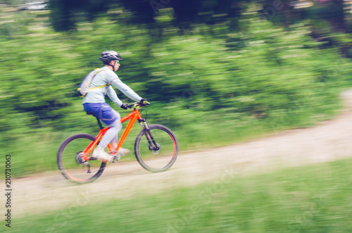 A cyclist in a helmet rides through the forest on a bicycle path, motion blur