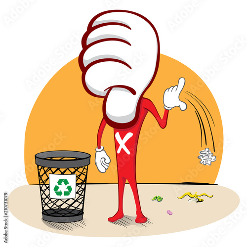 NotLike Mascot, throwing trash on the floor instead of trash. Example of a wrong attitude, messing the streets. Ideal for catalogs, informational and educational