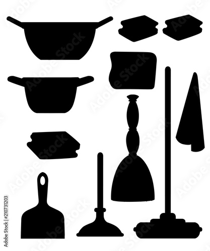 Black silhouette. Cleaning set objects. Plastic dustpan and bowl. Mop, suction cup and rags. Flat design style. Vector illustration isolated on white background