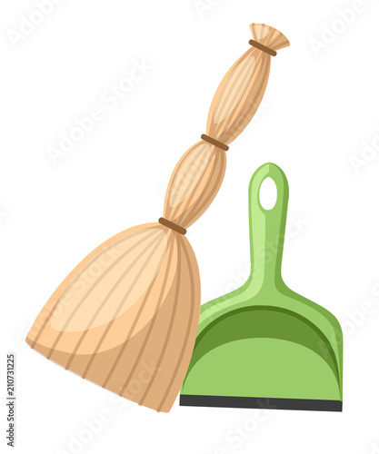 Green plastic dustpan with yellow broom. Flat design style. Cleaning set objects. Vector illustration isolated on white background