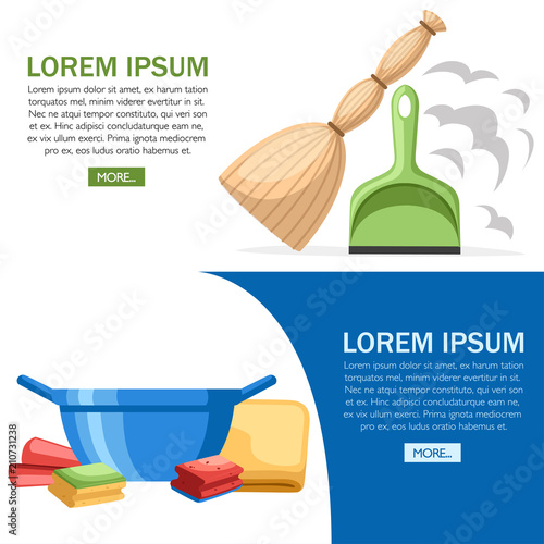Cleaning set objects. Plastic dustpan and bowl. Mop, and rags. Flat design style. Vector illustration on white background. Web site page and mobile app design