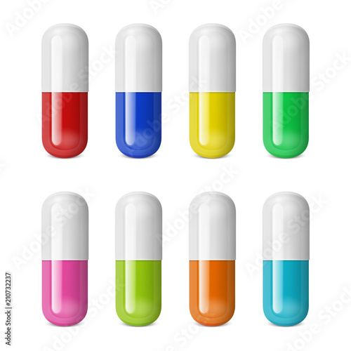 Vector realistic 3d different color medical pill icon set isolated on white background. Design template for graphics, banners. Vertical position