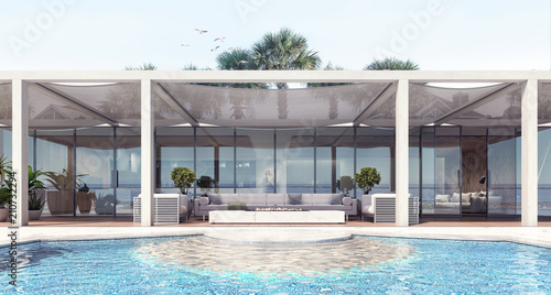 Home modern exterior and pool and patio 3D Rendering