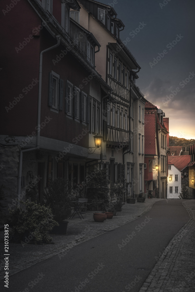 Street through a German neighborhood at night