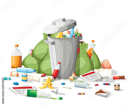 Littering garbage. Pile of garbage in flat style. Steel garbage bin full of trash. Green bags, food, paper, plastic. Vector illustration isolated on white background