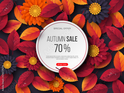 Autumn sale round banner with 3d leaves, flowers and water drops. Violet background - template for seasonal discounts. Vector illustration.