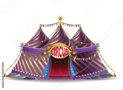 Vector 3d realistic striped circus tent with flags and illuminated signboard for performances, isolated on background. Empty purple marquee with open entrance for attractions and entertainments