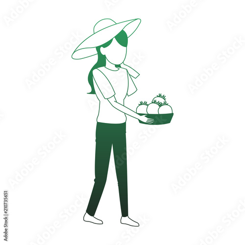 Woman with tomatos harvest in basket vector illustration graphic design