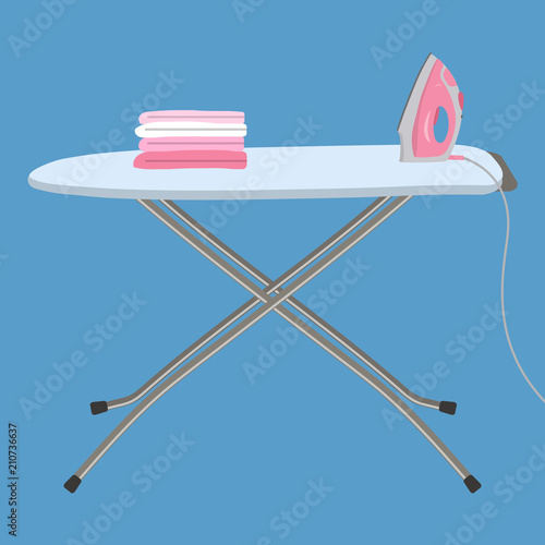 Pink iron and white ironing board isolated on a blue background. There is also a stack of ironed things in the picture. Vector flat illustration.