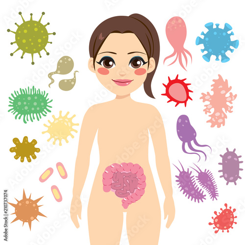 Good and bad bacteria on woman enteric and intestinal flora probiotics concept photo