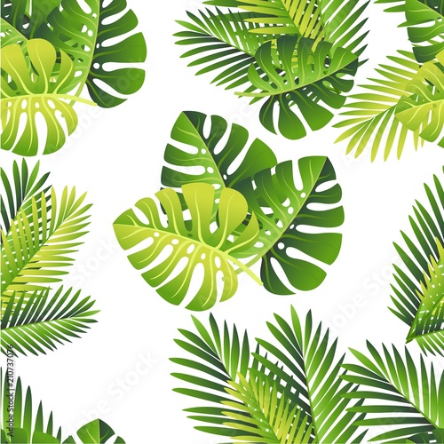 Seamless pattern. Tropical green leaves. Exotical jungle and palm leaf. Vector floral element on white background