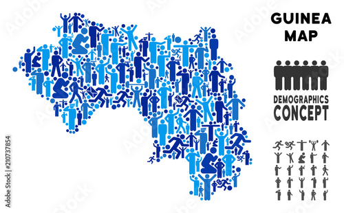 Vector population African Guinea map. Demography collage of African Guinea map combined of crowd with variable postures. Demographic map in blue tones.