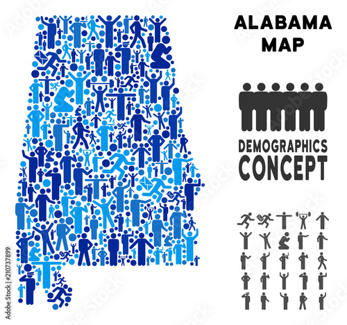 Vector population Alabama State map. Demography concept of Alabama State map made of crowd with different poses. Demographic map in blue hues.