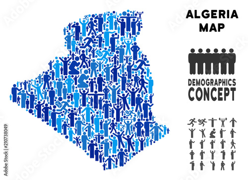 Vector population Algeria map. Demography mosaic of Algeria map combined of crowd with variable postures. Demographic map in blue tints. Abstract social plan of national group cartography.