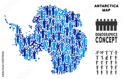 Vector population Antarctica map. Demography collage of Antarctica map composed of men with different postures. Demographic map in blue shades. Abstract social scheme of national audience cartography.