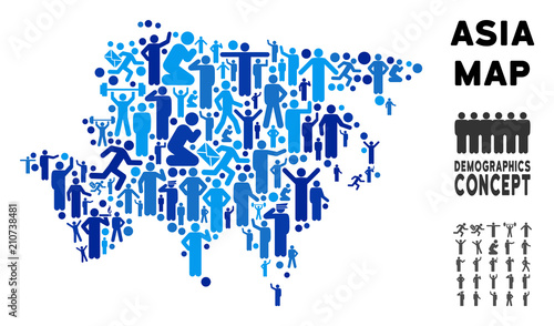 Vector population Asia map. Demography concept of Asia map organized of men with variable poses. Demographic map in blue tones. Abstract social representation of nation mass cartography.