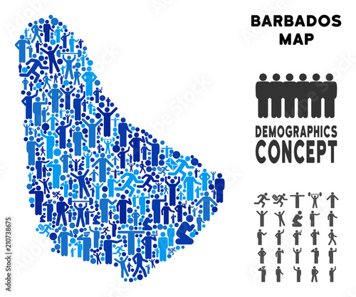 Vector population Barbados map. Demography concept of Barbados map constructed of people with different positions. Demographic map in blue tints. Abstract social plan of national public cartography.