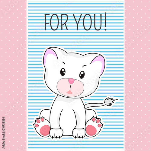 Hand drawn greeting card of a cute funny kitty.