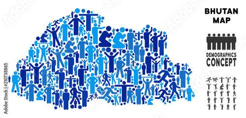 Vector population Bhutan map. Demography composition of Bhutan map combined of men with variable poses. Demographic map in blue tints. Abstract social scheme of national audience cartography.