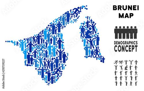 Vector population Brunei map. Demography concept of Brunei map composed of persons with variable poses. Demographic map in blue variations. Abstract social plan of nation group cartography.
