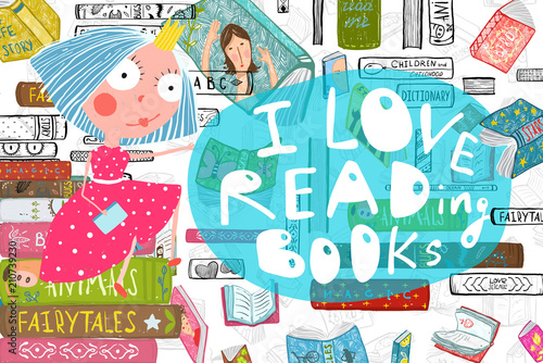 Fairy Tale Princess sitting on the books, library design. Vector cartoon.