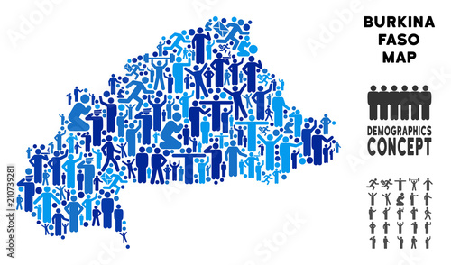 Vector population Burkina Faso map. Demography collage of Burkina Faso map done of humans with different postures. Demographic map in blue tints.