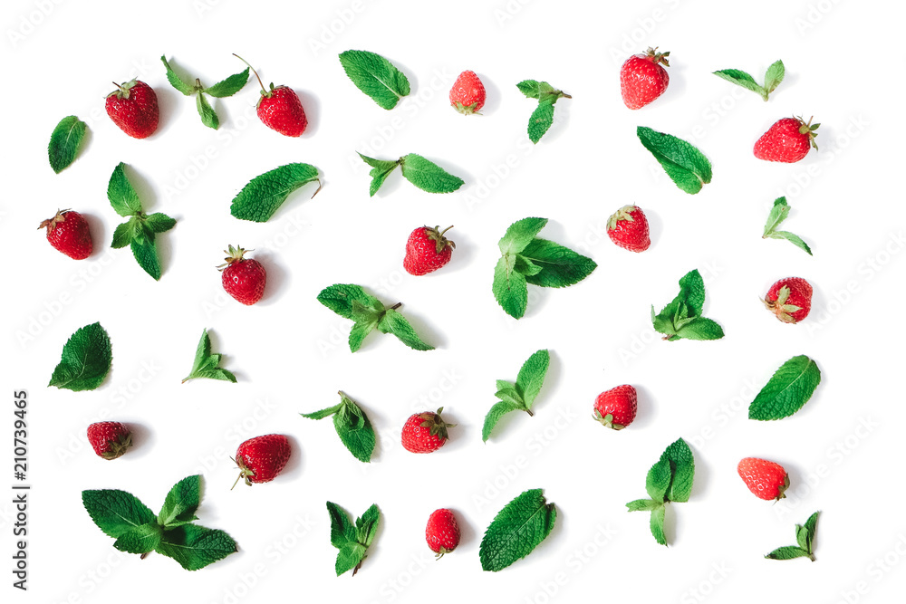 Strawberries and fresh mint pattern isolated on white background, flat lay Strawberries and fresh mint pattern isolated on white background, flat lay