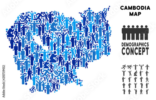 Vector population Cambodia map. Demography collage of Cambodia map made of persons with variable poses. Demographic map in blue variations. Abstract social plan of national public cartography.