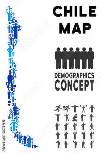 Vector population Chile map. Demography abstraction of Chile map composed of persons with different positions. Demographic map in blue shades. Abstract social scheme of national group cartography.