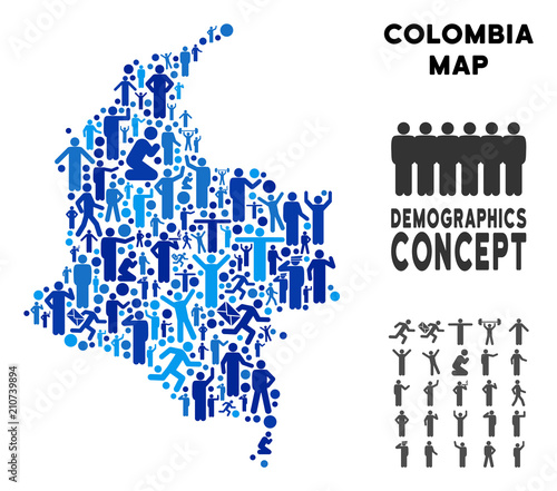 Vector population Colombia map. Demography concept of Colombia map made of humans with different poses. Demographic map in blue tinges. Abstract social representation of nation mass cartography.