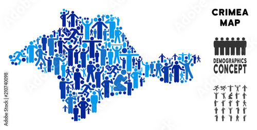 Vector population Crimea map. Demography mosaic of Crimea map organized of humans with different positions. Demographic map in blue shades. Abstract social scheme of nation public cartography.