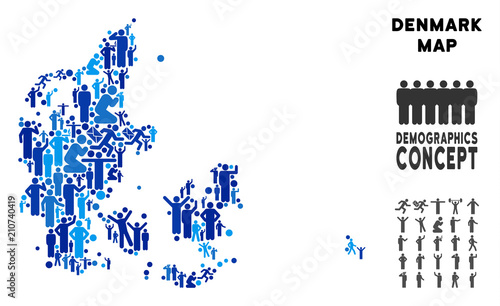 Vector population Denmark map. Demography composition of Denmark map made of crowd with different positions. Demographic map in blue tinges. Abstract social plan of national audience cartography.