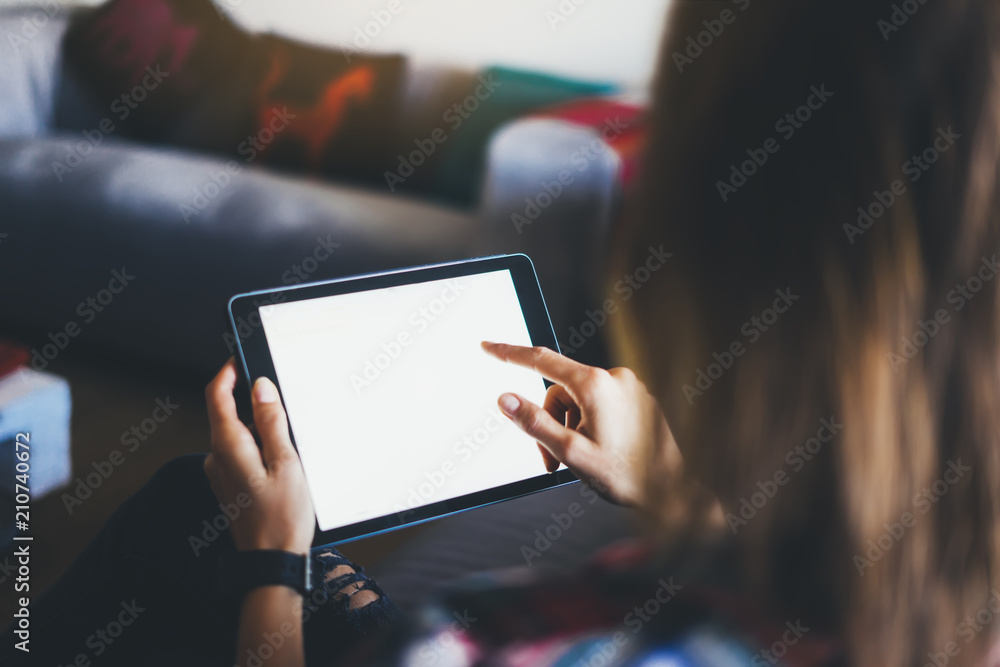 blogger girl person holding computer with blank screen on background bokeh, hipster girl using tablet technology in home, female hands texting on relax holiday, mockup templates gadget