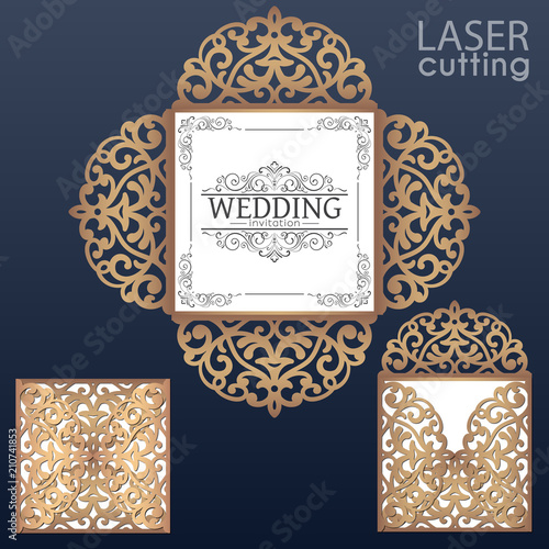 Laser cut square envelope with patterned corners. Template for wedding invitation card. Four fold laser cut template. Suitable for greeting cards, invitations, menus.