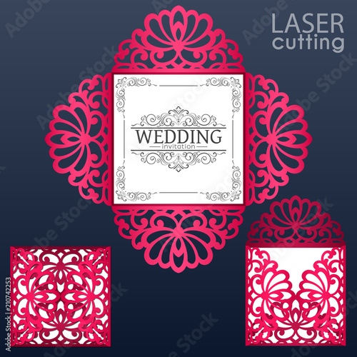 Laser cut square envelope with patterned corners. Template for wedding invitation card. Four fold laser cut template. Suitable for greeting cards, invitations, menus.