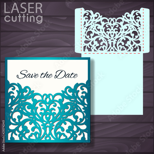 Laser cut wedding card vector template. Invitation envelope. Wedding lace invitation mockup. Die cut pocket envelope template. It can be used as an envelope for CD-ROM.