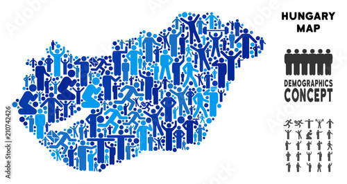 Vector population Hungary map. Demography concept of Hungary map combined of humans with variable positions. Demographic map in blue tones. Abstract social scheme of nation community cartography.