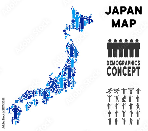 Vector population Japan map. Demography concept of Japan map constructed of men with variable positions. Demographic map in blue tinges. Abstract social plan of nation mass cartography.