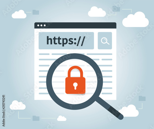 Data protection and internet security. https, website, web secure, cloud. Magnifying glass.