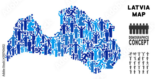 Vector population Latvia map. Demography abstraction of Latvia map created of crowd with variable poses. Demographic map in blue variations. Abstract social plan of national audience cartography.