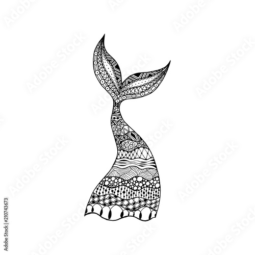 Vector hand drawn ornamental mermaid tail, whale tail. Coloring book page for adult antistress