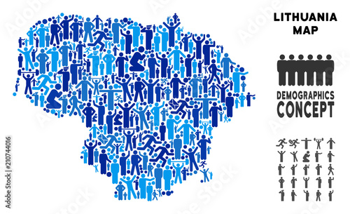 Vector population Lithuania map. Demography composition of Lithuania map done of humans with different positions. Demographic map in blue variations.