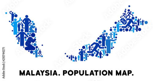 Vector population Malaysia map. Demography composition of Malaysia map composed of crowd with variable positions. Demographic map in blue hues.