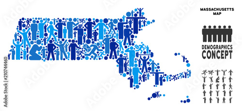 Vector population Massachusetts State map. Demography composition of Massachusetts State map organized of crowd with different poses. Demographic map in blue tinges.