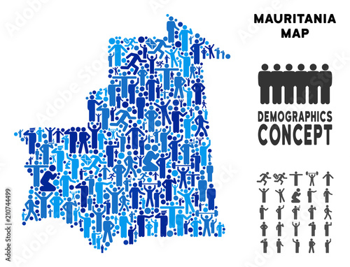 Vector population Mauritania map. Demography mosaic of Mauritania map made of crowd with different poses. Demographic map in blue shades.