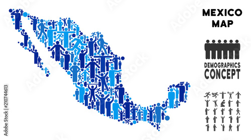 Vector population Mexico map. Demography concept of Mexico map designed of humans with different positions. Demographic map in blue hues. Abstract social representation of nation audience cartography.